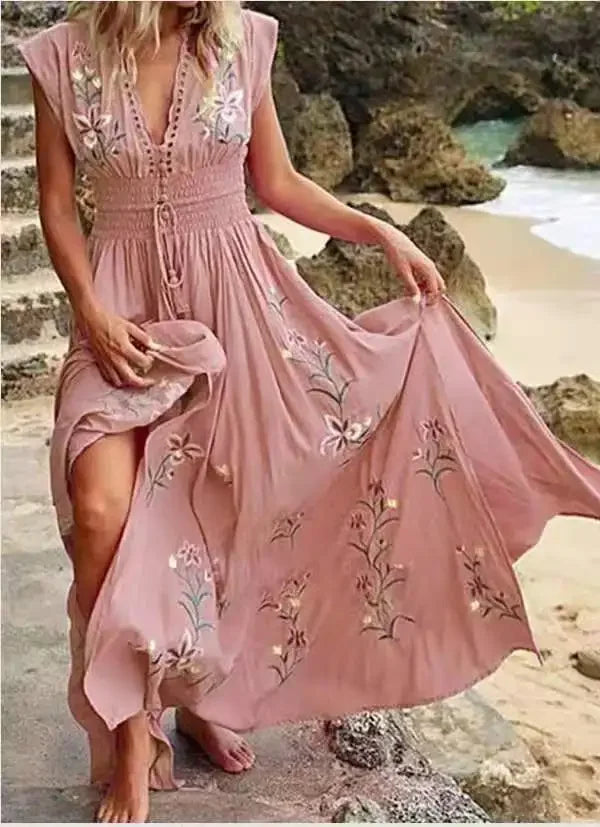 DressBetty - 2024 Elegant Boho Floral Print Long Dress V Neck Boho Dress