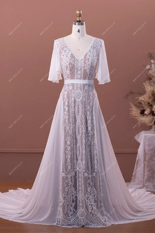 Flutter Sleeve Lace Chiffon Boho A-line Summer Nude Wedding Dress