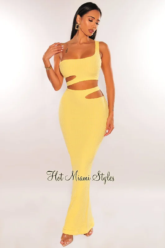 Yellow Ribbed One Shoulder Cut Out Maxi Skirt Two Piece Set