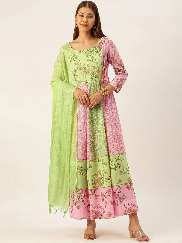 HERE&NOW Women Green & Pink Floral Printed Anarkali Cotton Kurta With Dupatta