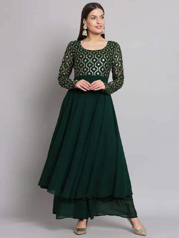 NOZ2TOZ Women Green Georgette Foil print Anarkali Kurta