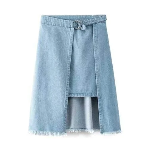 Trendy High-Waisted Irregular Hem Frayed Women's Denim Skirt - Blue L