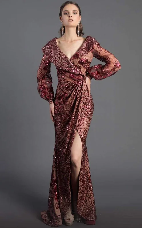 MNM COUTURE - Sequined Long Sleeve V-neck Trumpet Dress 2417 - 1 pc Burgundy In Size 6 Available