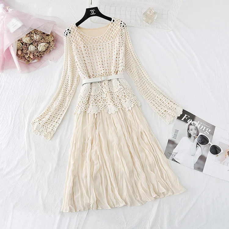 Hollowed out lace blouse Chiffon Dress  3801