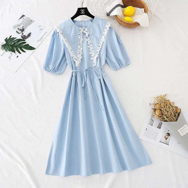 Lace doll neck cotton linen dress  4140