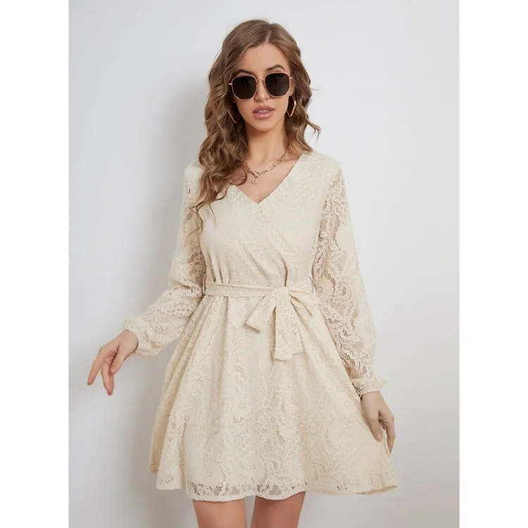 Lacing Lace Elegant Long Sleeve Dress For Ladies (Color:Apricot Size:S)