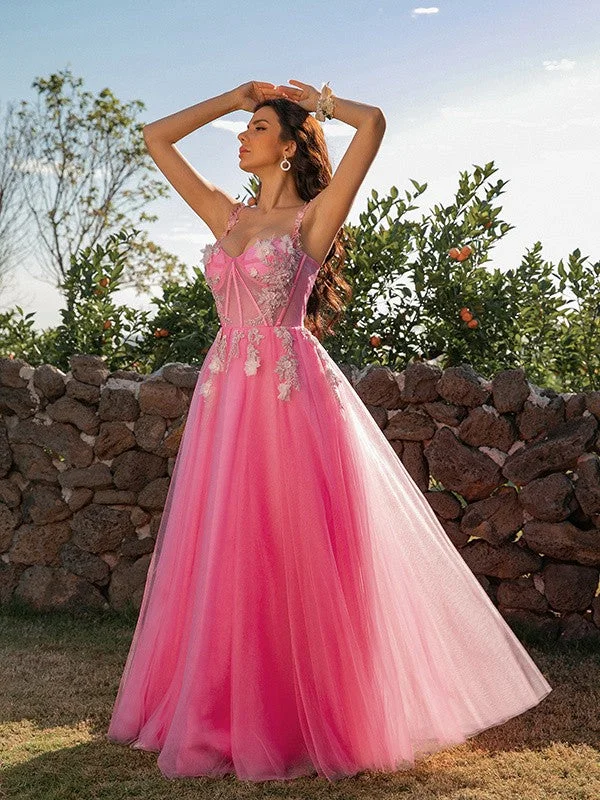 A-Line/Princess Tulle Applique Straps Sleeveless Floor-Length Dresses