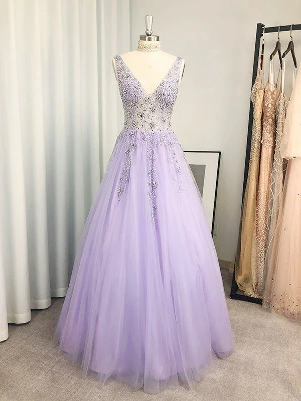 A-Line/Princess Tulle Beading V-neck Sleeveless Floor-Length Dresses