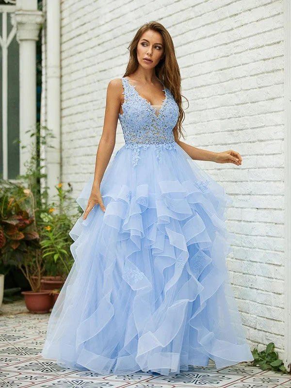 A-Line/Princess Tulle Lace V-neck Sleeveless Floor-Length Dresses