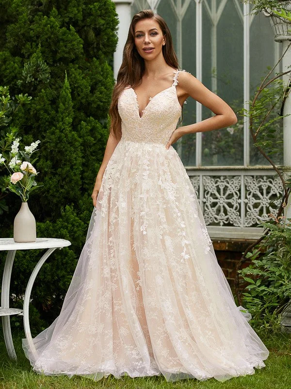 A-Line/Princess Tulle Lace V-neck Sleeveless Sweep/Brush Train Dresses