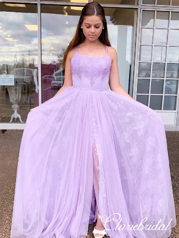 Gorgeous Lilac Lace Tulle Prom Dresses, Beaded Long Prom Dresses, Side Slit Long Prom Dresses