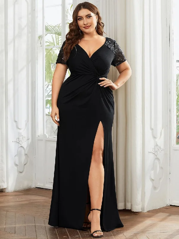 Plus Size Front Slit Short Sleeve With Sequin Formal Evening Dresses