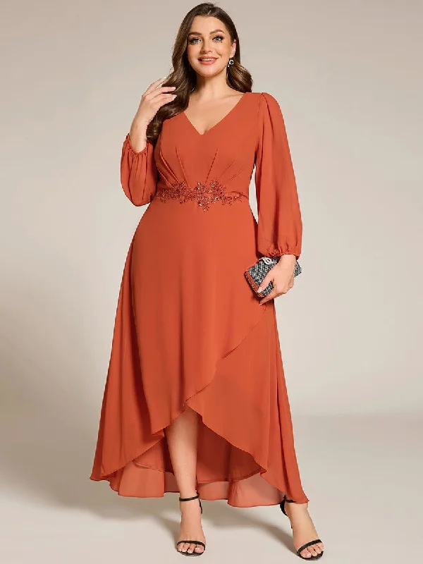 Nora | Plus Size V-Neck Long Sleeves Chiffon Formal Evening Dress with Applique